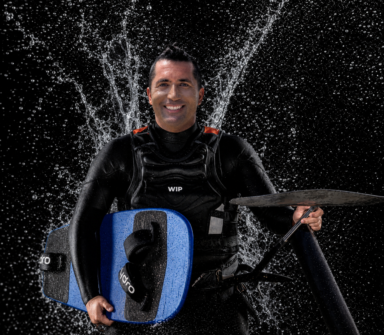 Captain Joshua Waldman, founder and lead instructor of SF Wing Foil Academy, holding a Hydro foil board and hydrofoil mast in a black WIP wetsuit and impact vest, with a dramatic water splash background.